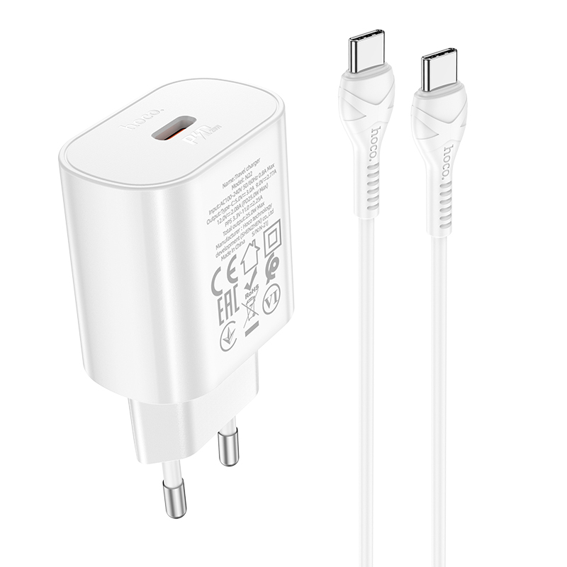 [0027AS085173A11#31] HOCO N22 Jetta PD25W Charger with 1M Dual Type-C Cable EU Adapter White