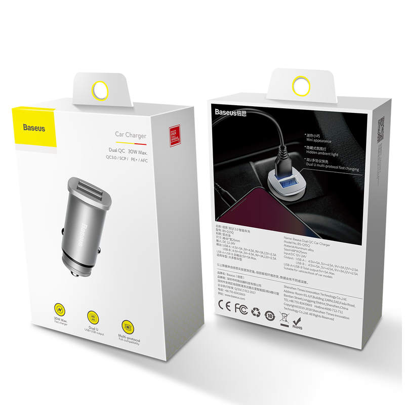 [6953156284197] Baseus Car Charger Square metal A + A 30W Dual QC3.0 (SCP.AFC) Silver (CCALL-DS0S)