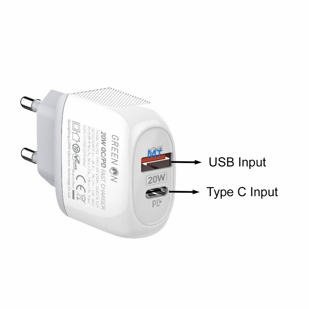 [8719122739690] GREEN ON GREEN ON 20W Dual PD + QC3.0 Travel Charger A2316C-EU Lightning